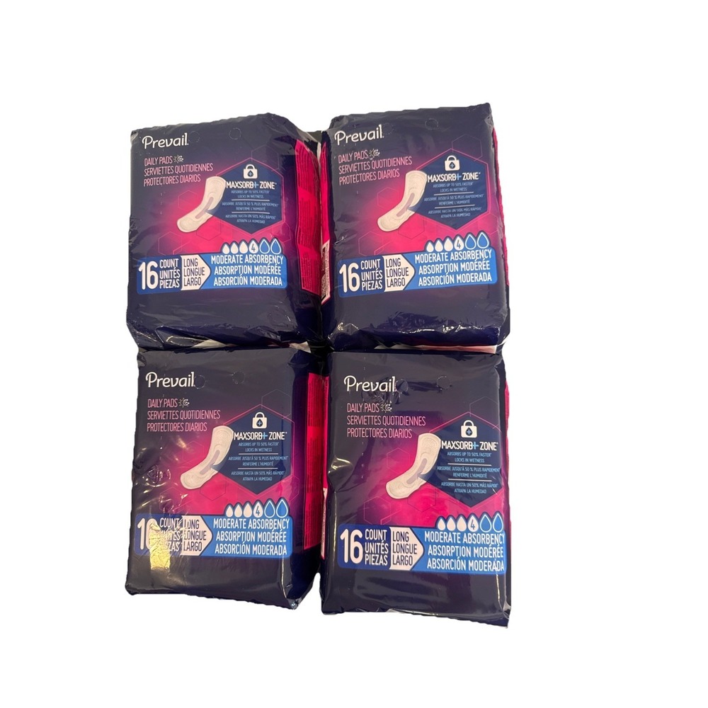 Prevail Daily Pads Moderate Absorbency Long Pads NEW 4 Packs of 16ct =Total 64